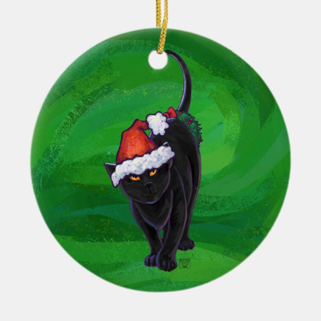 Ornement En Céramique Chat noir de Noël en vert (Devant)