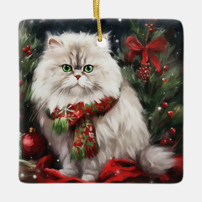 Ornement En Céramique Chat perse en Noël de neige (Devant)