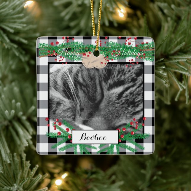 Ornement En Céramique Chat personnalisé noir blanc Buffalo chèque orneme (Arbre)