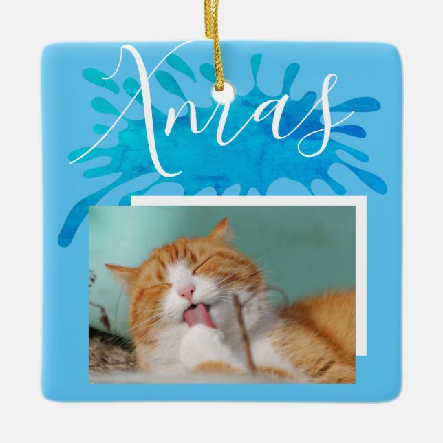 Ornement En Céramique Chat Pet Bleu Xmas Script Photo Noël (Devant)
