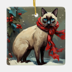 Ornement En Céramique Chat siamois à Noël de neige