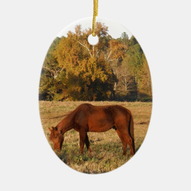 Ornement En Céramique Cheval Brown dans le champ d'arbre jaune (Devant)