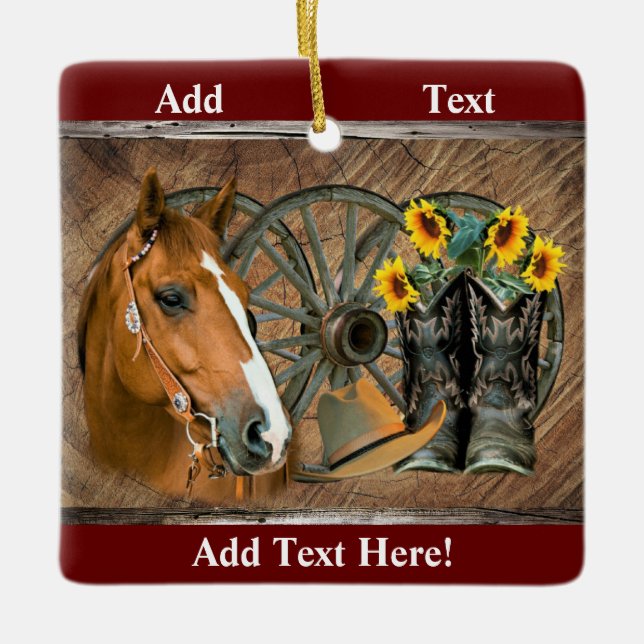 Ornement En Céramique Cheval Cowboy Boots Wagon Wheels Sunflowers Wester (Devant)