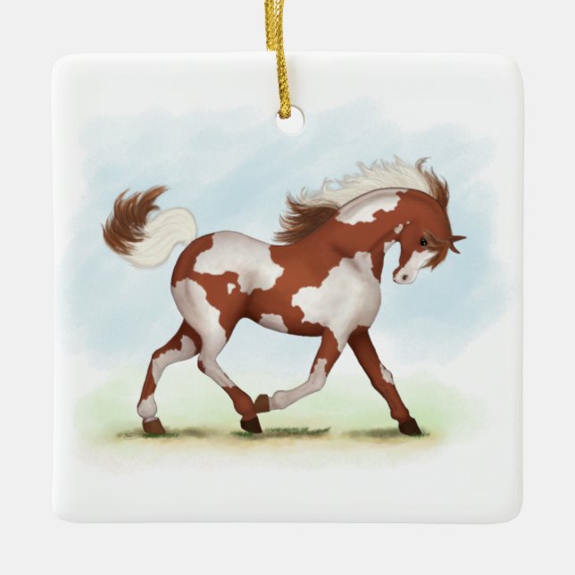 Ornement En Céramique Cheval de Chestnut Overo Skewbald (Devant)
