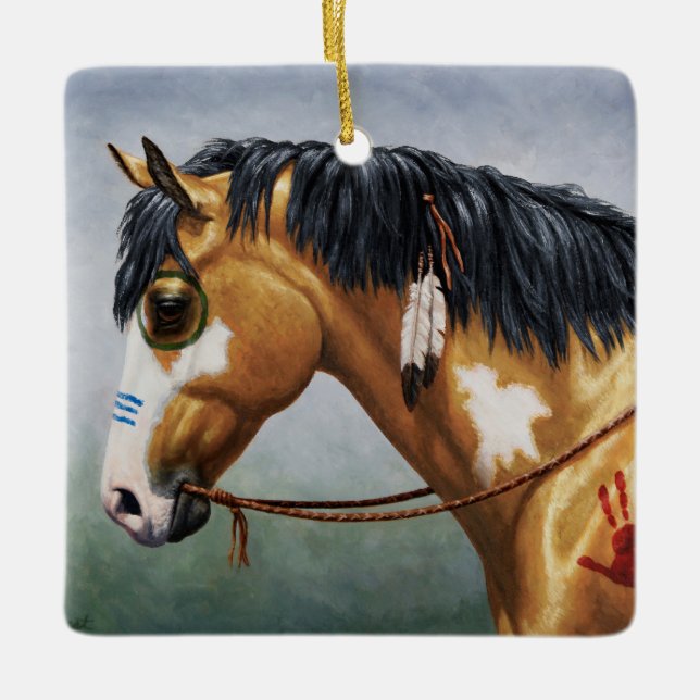 Ornement En Céramique Cheval de guerre amérindien Buckskin Pinto (Devant)