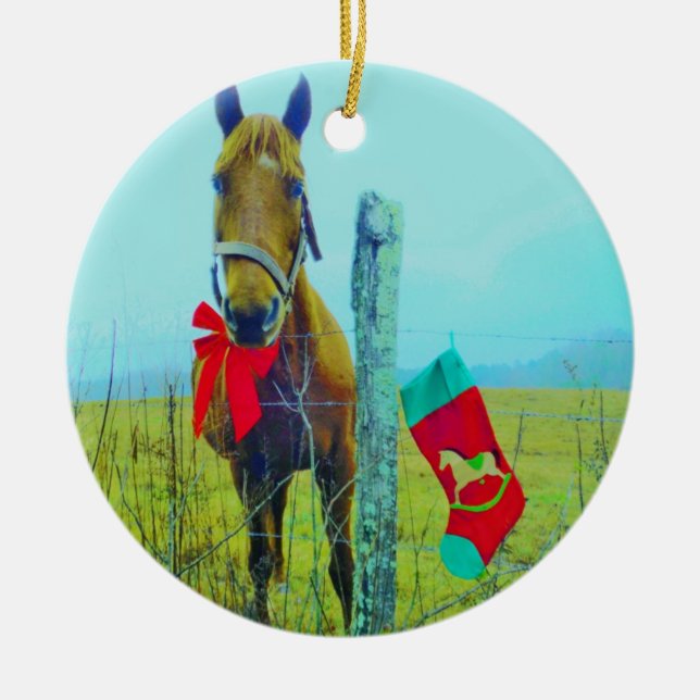 Ornement En Céramique Cheval de Noël Brown (Devant)