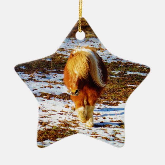 Ornement En Céramique Cheval miniature Brown et crème dans la neige. (Devant)
