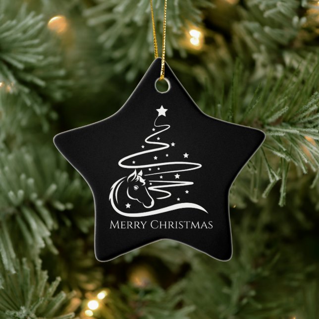 Ornement En Céramique Cheval sapin de Noël noir et blanc Equestre (Arbre)
