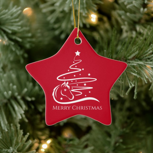 Ornement En Céramique Cheval sapin de Noël rouge et blanc Equestre (Arbre)