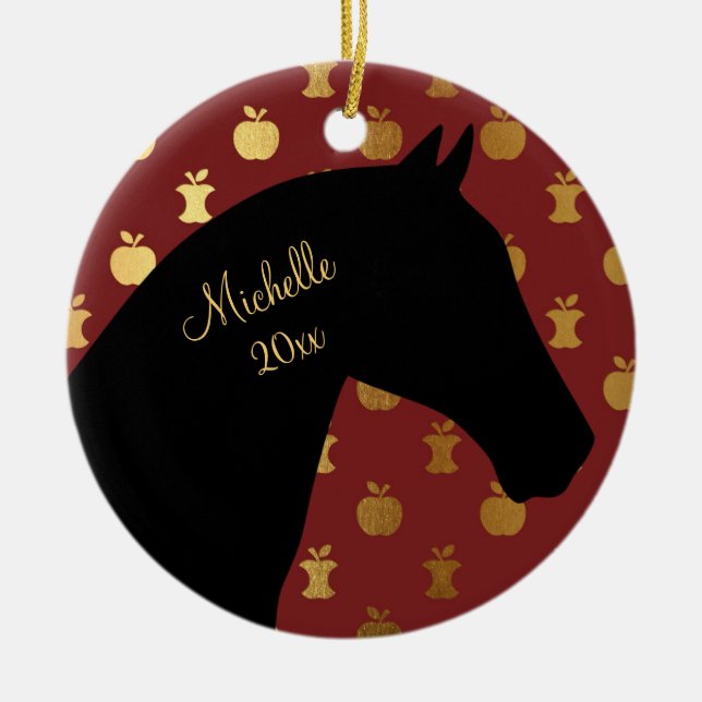 Ornement En Céramique Cheval silhouette personnalisé ~ Rouge, Pomme doré (Devant)