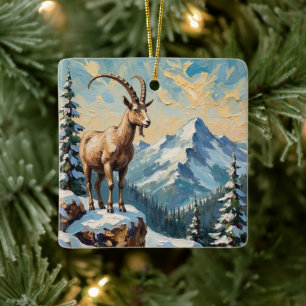 Ornement En Céramique Chèvre de montagne vintage sur la crête de Noël gi
