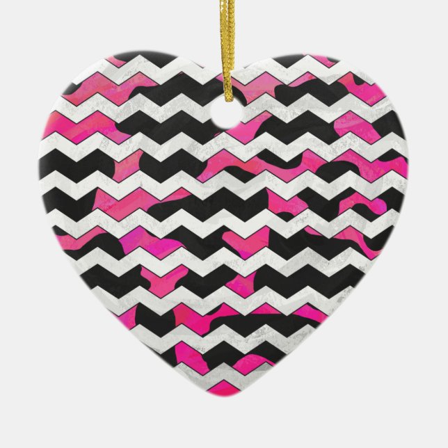 Ornement En Céramique Chevron Cow Hot rose et noir (Devant)