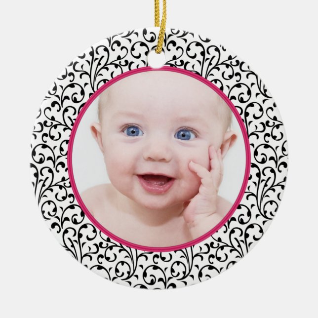 Ornement En Céramique Chic Damask Pink Baby's First Christmas (Devant)