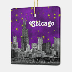 Ornement En Céramique Chicago Skyline Etched, Purple Starry Sky
