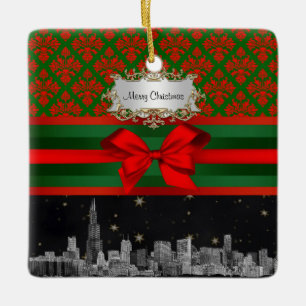 Ornement En Céramique Chicago Skyline Rouge Vert Damassé #2 Nœud Noël