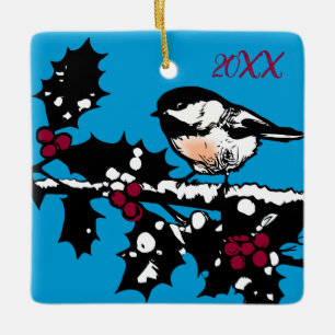 Ornement En Céramique Chickadee d'hiver sur Holly Woodcut Vacances d'hiv