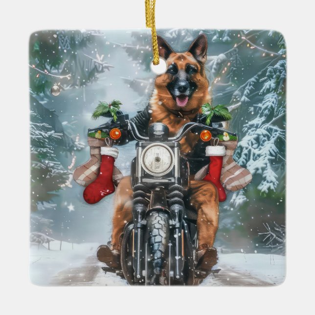 Ornement En Céramique Chien berger allemand équitation moto Noël (Devant)