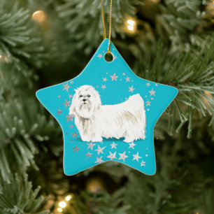 Ornement En Céramique Chien blanc Maltais Étoiles d'argent Noël Turquois
