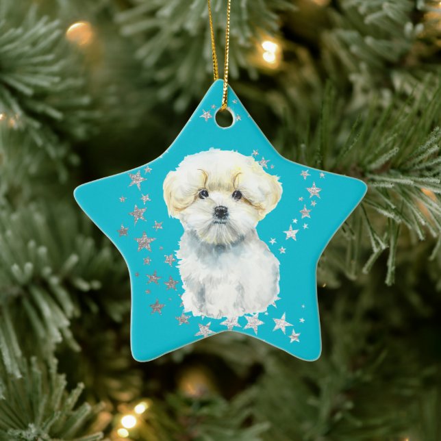 Ornement En Céramique Chien blanc Maltais Étoiles d'argent Noël Turquois (Arbre)