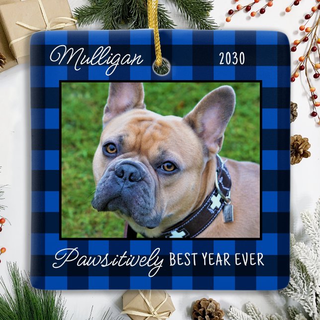 Ornement En Céramique Chien bleu Plaid Christmas 2 Animal Photo (Créateur téléchargé)