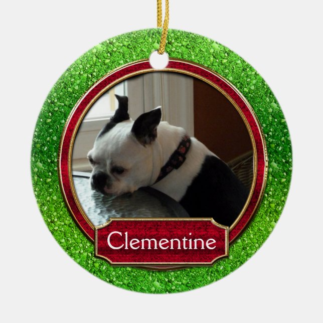 Ornement En Céramique Chien Chat Photo Vert Rouge Étincelle Noël (Devant)
