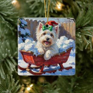 Ornement En Céramique Chien Coton de Tulear Fluffy Luge de Noël Vintage