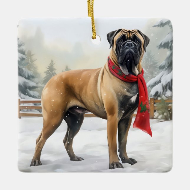 Ornement En Céramique Chien de Bullmastiff à Noël de neige (Devant)