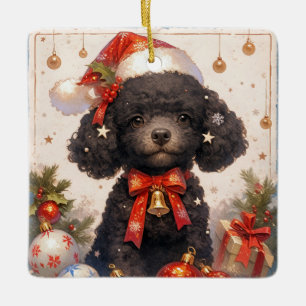 Ornement En Céramique Chien de caniche noir de Noël