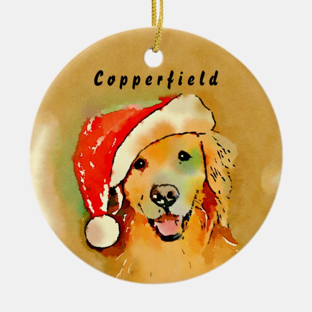 Ornement En Céramique Chien de golden retriever avec l'aquarelle rouge (Devant)