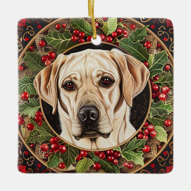 Ornement En Céramique Chien de Noël du laboratoire jaune (Devant)