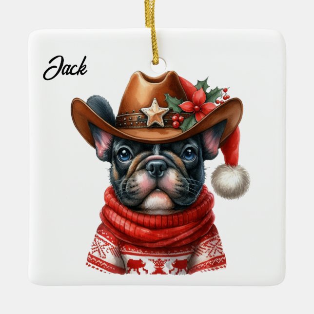 Ornement En Céramique Chien de Noël français personnalisé avec Casquette (Devant)