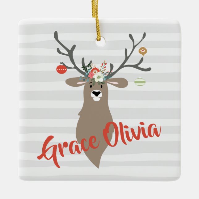 Ornement En Céramique Chien de Noël Personalisé Avec Des Antlers (Devant)
