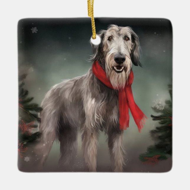 Ornement En Céramique Chien de Wolfhound à Noël de neige (Devant)
