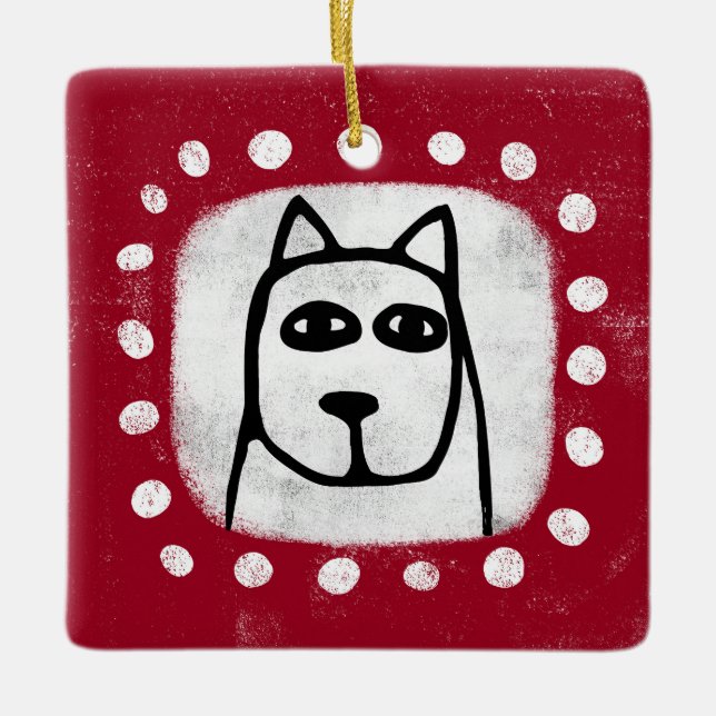 Ornement En Céramique Chien drôle sur l'ornement rouge (Devant)