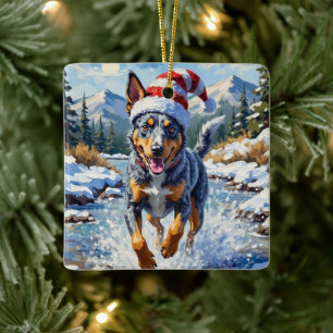 Ornement En Céramique Chien énergique Blue Heeler Ruisseau d'hiver Noël
