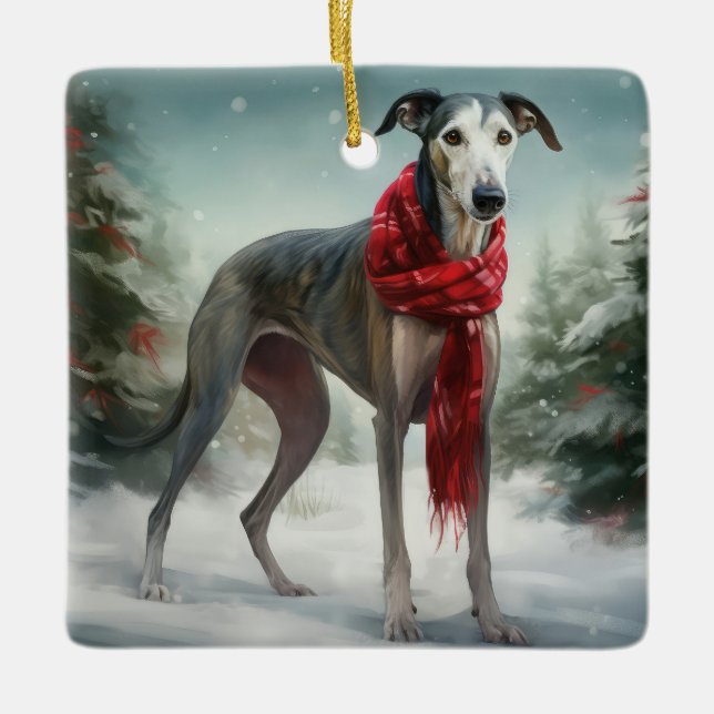 Ornement En Céramique Chien gris à Noël de neige (Devant)