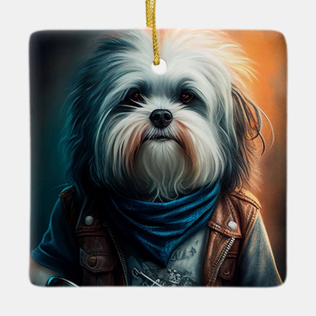 Ornement En Céramique Chien Havanais en vélo peinture numérique (Devant)