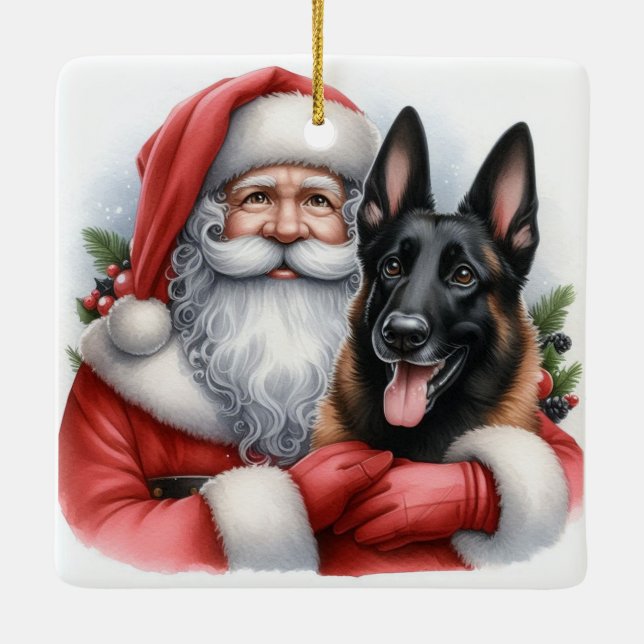 Ornement En Céramique Chien Malinois belge personnalisé avec Père Noël (Dos)