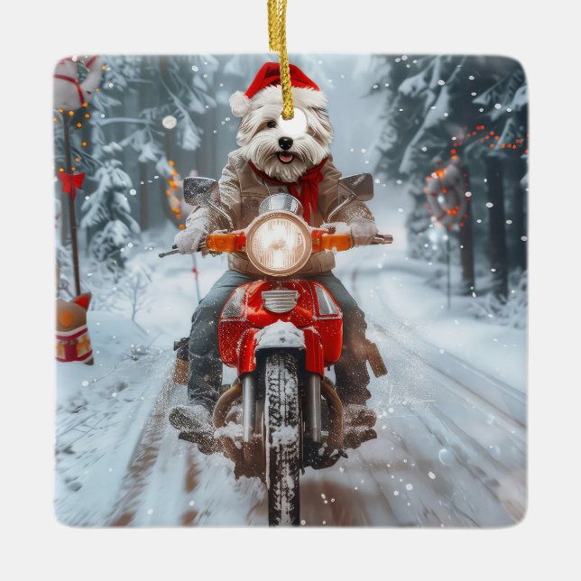 Ornement En Céramique Chien maltais équitation moto Noël (Devant)