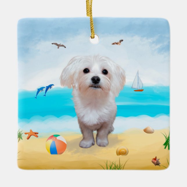 Ornement En Céramique Chien maltais sur la plage (Devant)