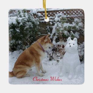 Ornement En Céramique chien mignon assis avec bonhomme de neige à noël