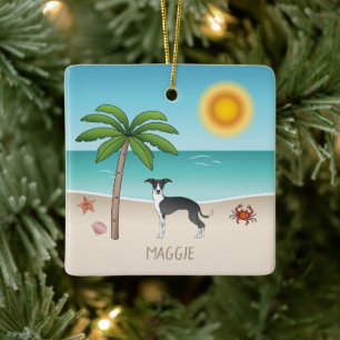 Ornement En Céramique Chien Noir Et Blanc Iggy À La Plage Tropicale D'Ét