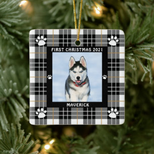 Ornement En Céramique Chien PREMIER NOËL Noir Blanc Plaid Empreinte de p