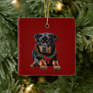 Ornement En Céramique Chien Rottweiler Noël avec collier de guirlande de