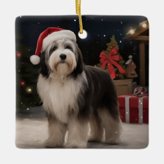 Ornement En Céramique Chien tibétain de Terrier en Noël de neige (Devant)