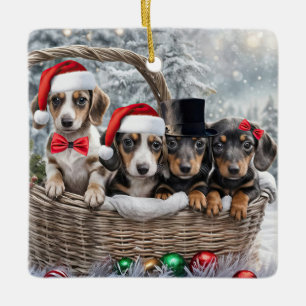 Ornement En Céramique Chiens de marionnettes mignons Dachshund Noël