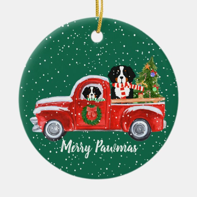Ornement En Céramique Chiens de Noël personnalisés Berner Truck rouge (Devant)