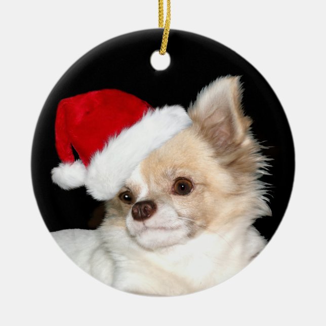 Ornement En Céramique Chihuahua aux cheveux longs de Noël (Devant)