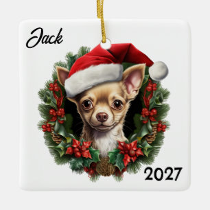 Ornement En Céramique Chihuahua de Noël mignon dans une couronne