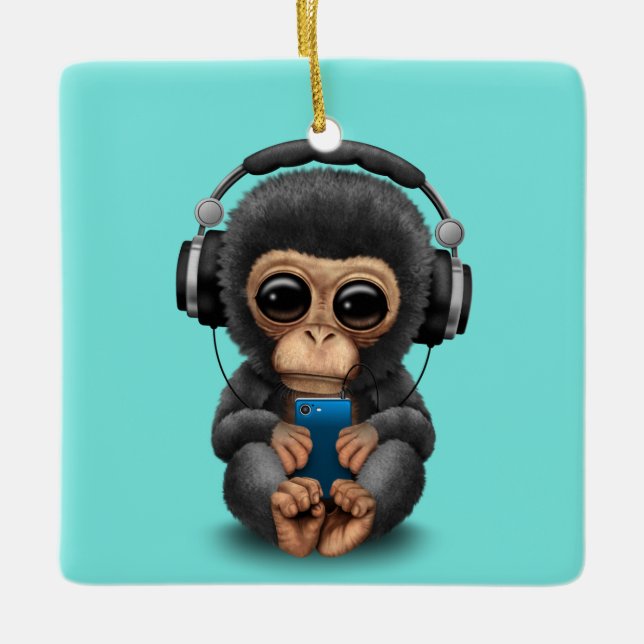 Ornement En Céramique Chimpanzé de bébé avec les écouteurs et le (Devant)